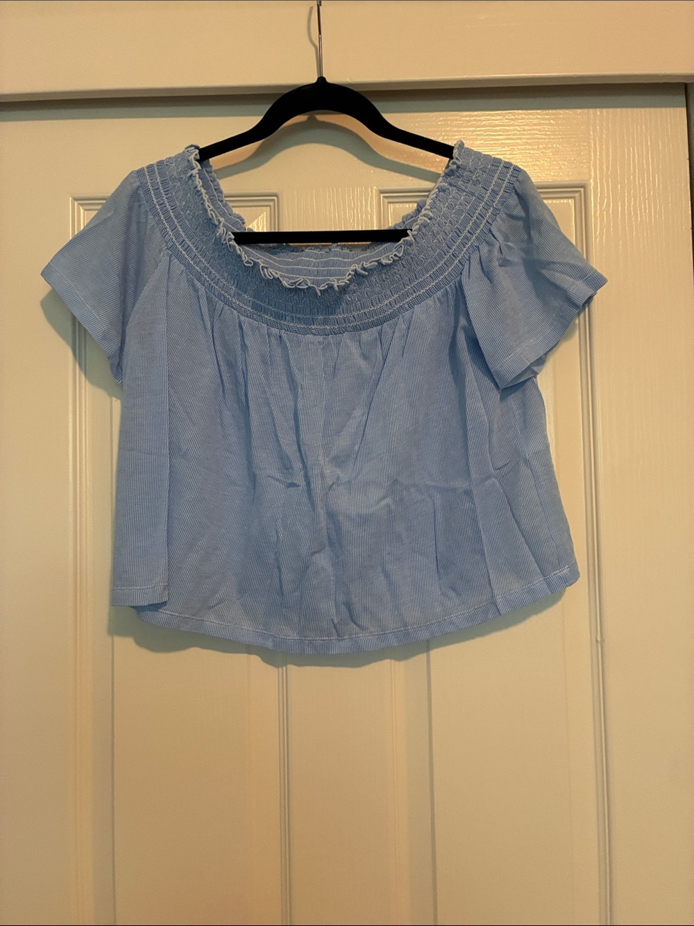 Zara Light Blue Off-Shoulder Smocked Crop Top